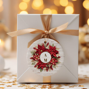 Pegatina Redonda Boda de Poinsettia Rustic White Wood