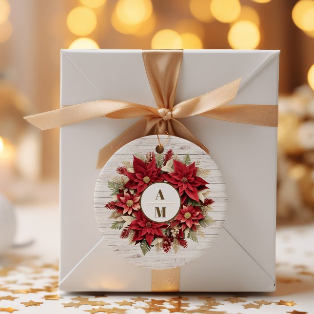 Pegatina Redonda Boda de Poinsettia Rustic White Wood (Subido por el creador)