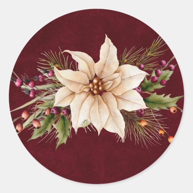 Pegatina Redonda Boda de Poinsettia y Berries (Anverso)
