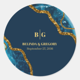 Pegatina Redonda Boda de Purpurina de Geode de Blue & Gold Agate