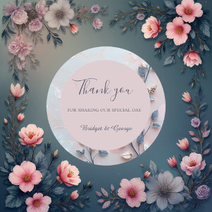 Pegatina Redonda boda de rama botánica de color rosa y perla