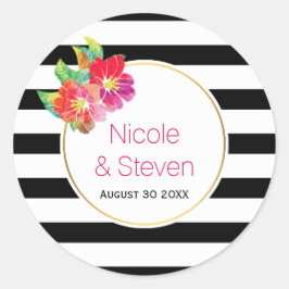 Pegatina Redonda Boda de rayas blancas negras y flores acuarelas