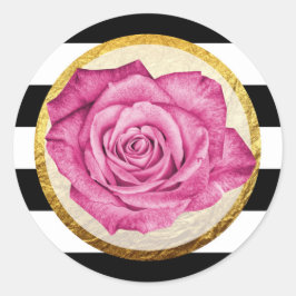 Pegatina Redonda Boda de rayas de Relieve metalizado dorado rosa ro