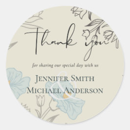 Pegatina Redonda Boda de resumen floral azul moderno