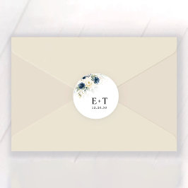 Pegatina Redonda Boda de rosas azul y blanco de la Marina