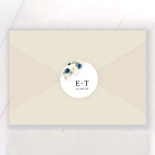 Pegatina Redonda Boda de rosas azul y blanco de la Marina