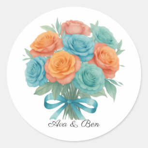 Pegatina Redonda Boda de rosas naranjas y azul teñido al aguada