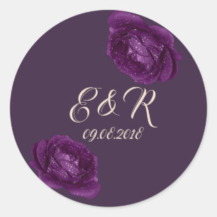 Pegatina Redonda Boda de Rosas Purpura Elegante Chic