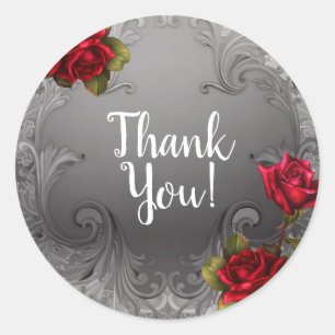 Pegatina Redonda Boda de Rosas Rojas Antiguas Elegantes Plateadas