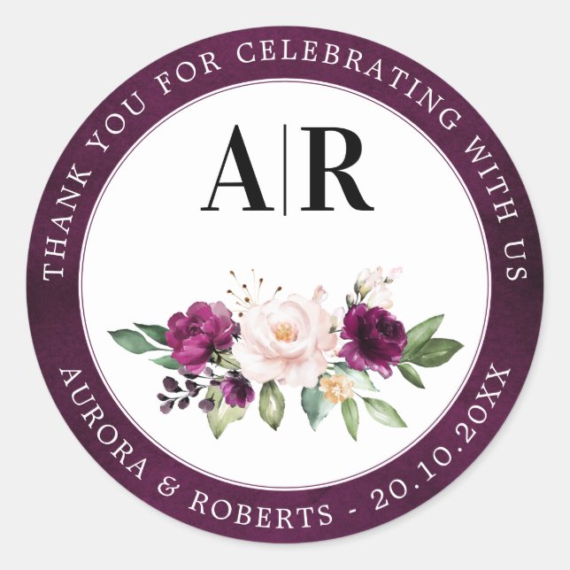 Pegatina Redonda Boda De Rosas Rosa De Pluma Púrpura Rubor Gracias  (Anverso)