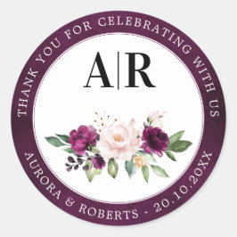 Pegatina Redonda Boda De Rosas Rosa De Pluma Púrpura Rubor Gracias 