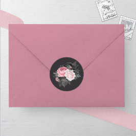 Pegatina Redonda Boda de Rosas rosados y negros