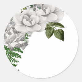 Pegatina Redonda Boda de rosas y helechos blancos