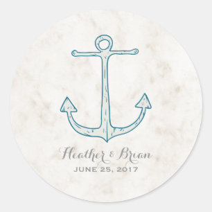 Pegatina Redonda Boda de Royal Blue Rustic Anchor