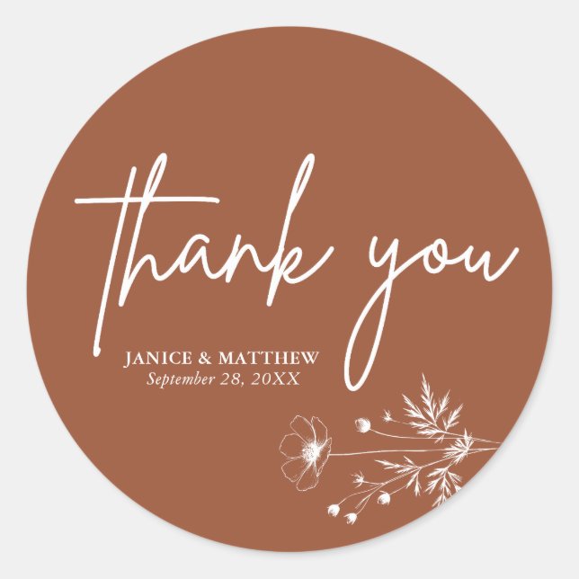 Pegatina Redonda Boda de Rustic Wildflower Terracotta Boho (Anverso)