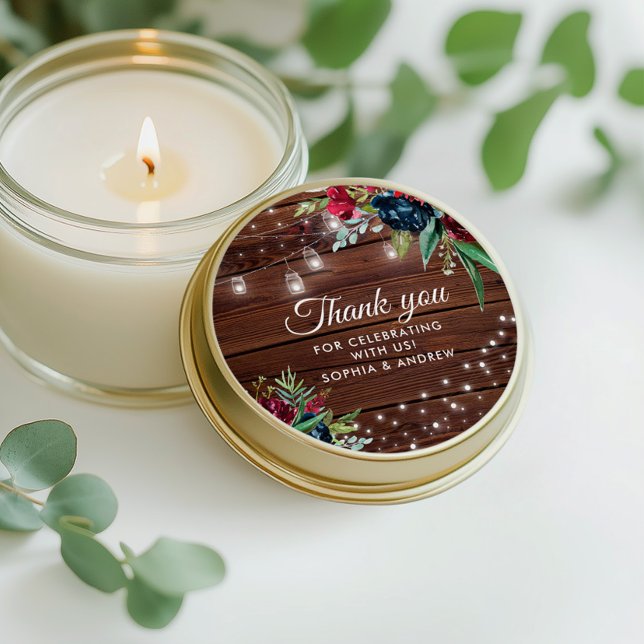 Pegatina Redonda Boda de Rústica Madera Borgoña Floral (Subido por el creador)