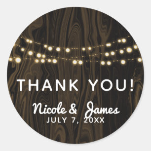 Pegatina Redonda Boda de Rústico Brown Whimsical Wood String Lights