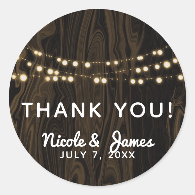 Pegatina Redonda Boda de Rústico Brown Whimsical Wood String Lights (Anverso)