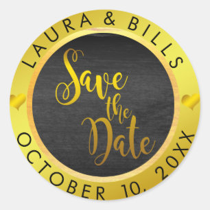 Pegatina Redonda Boda de Save the Date Gold Love Purpurina