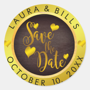 Pegatina Redonda Boda de Save the Date Gold Love Purpurina