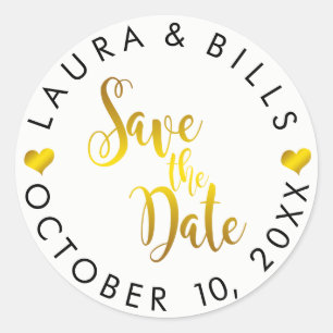 Pegatina Redonda Boda de Save the Date Gold Love Purpurina