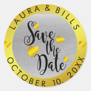 Pegatina Redonda Boda de Save the Date Gold Love Purpurina