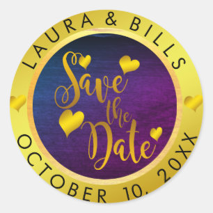 Pegatina Redonda Boda de Save the Date Gold Love Purpurina