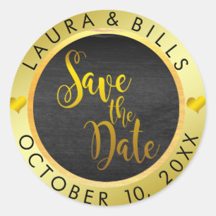 Pegatina Redonda Boda de Save the Date Gold Love Purpurina