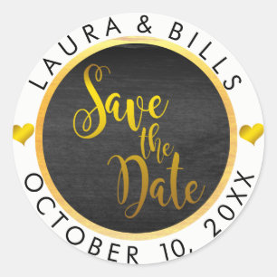 Pegatina Redonda Boda de Save the Date Gold Love Purpurina