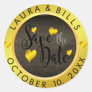 Pegatina Redonda Boda de Save the Date Gold Love Purpurina