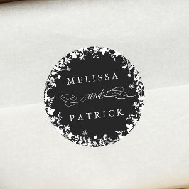 Pegatina Redonda Boda de silueta de flores silvestres blancas negro