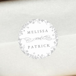 Pegatina Redonda Boda de silueta de flores silvestres gris y blanco