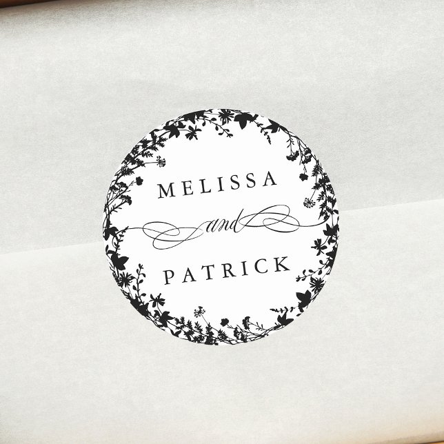 Pegatina Redonda Boda de silueta de flores silvestres negro y blanc (Subido por el creador)