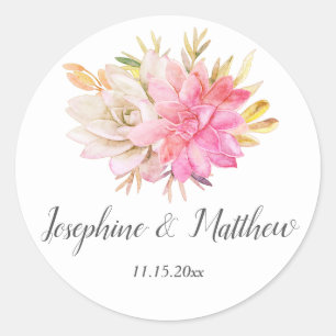 Pegatina Redonda Boda de Sucultores del Desierto Rústico