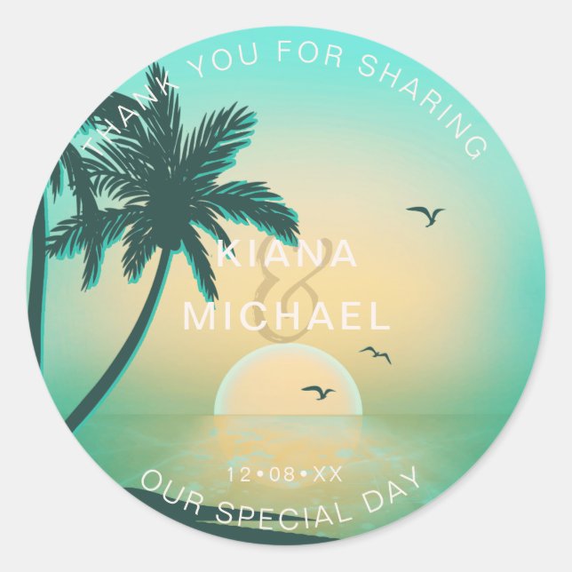 Pegatina Redonda Boda de Sunrise Isla Tropical Gracias ID581 Verde  (Anverso)