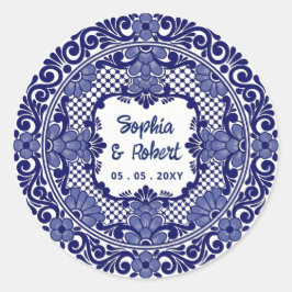 Pegatina Redonda Boda de Talavera Azul Mexicana