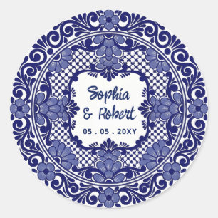 Pegatina Redonda Boda de Talavera Azul Mexicana