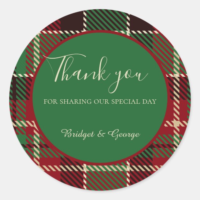 Pegatina Redonda boda de tartán celta negro verde (Anverso)