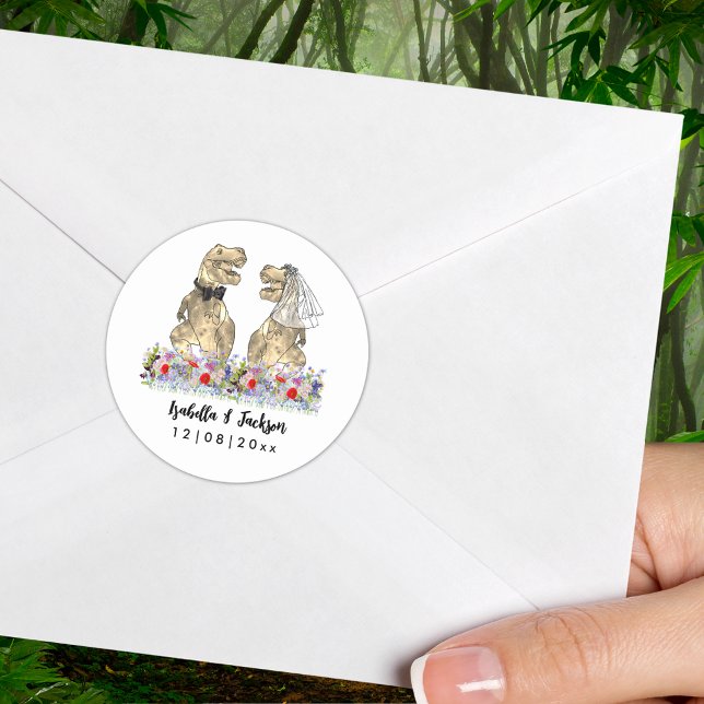 Pegatina Redonda Boda de temas de dinosaurio (Dinosaur wedding T-Rex bride and groom colorful wildflower personalized wedding sticker)