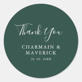 Pegatina Redonda Boda de texto blanco esmeralda simple