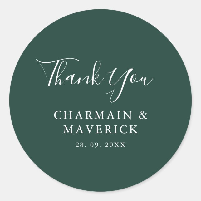 Pegatina Redonda Boda de texto blanco esmeralda simple (Anverso)