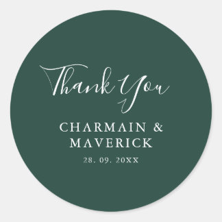 Pegatina Redonda Boda de texto blanco esmeralda simple