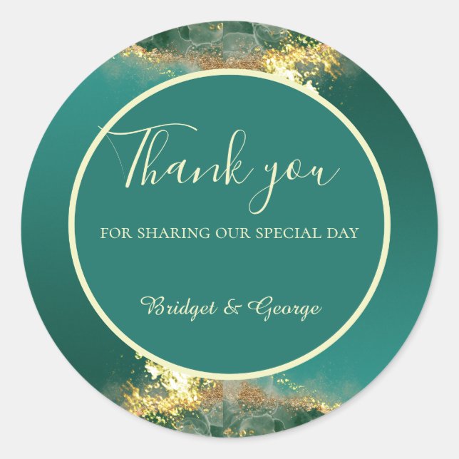 Pegatina Redonda Boda de tonos de joyas de oro verde esmeralda (Anverso)