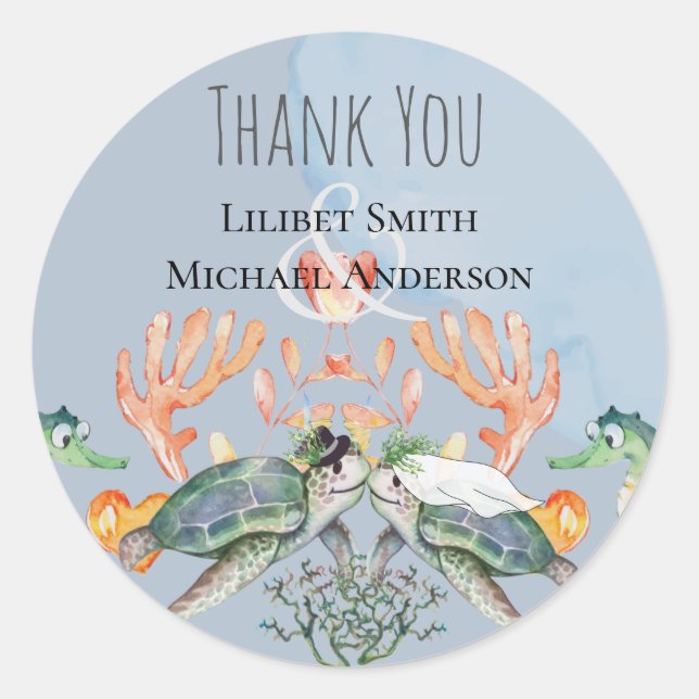 Pegatina Redonda Boda de tortugas marinas con novia y novio (Anverso)