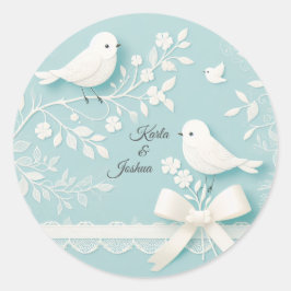 Pegatina Redonda Boda de Turquesa Pálido con Encaje Romántico y Páj
