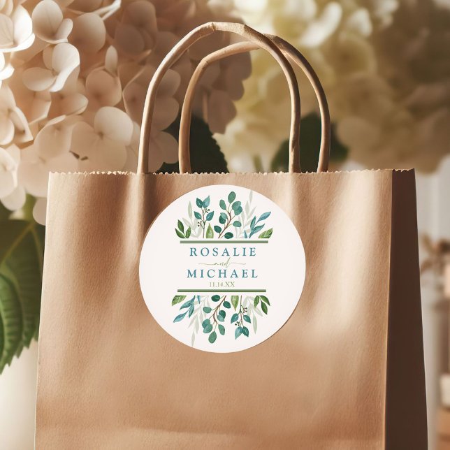 Pegatina Redonda Boda de vegetación botánica (Botanical Greenery Custom Wedding Round or Square Sticker)