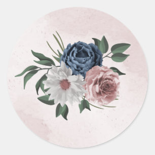 Pegatina Redonda boda de vegetación floral azul rosa