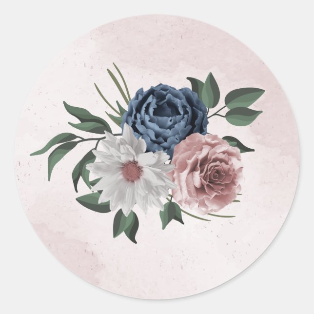 Pegatina Redonda boda de vegetación floral azul rosa (Anverso)