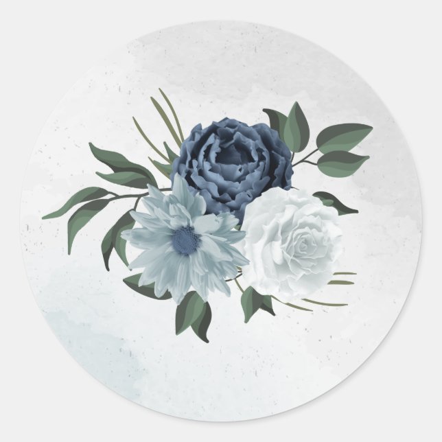 Pegatina Redonda boda de vegetación floral blanca y azul (Anverso)