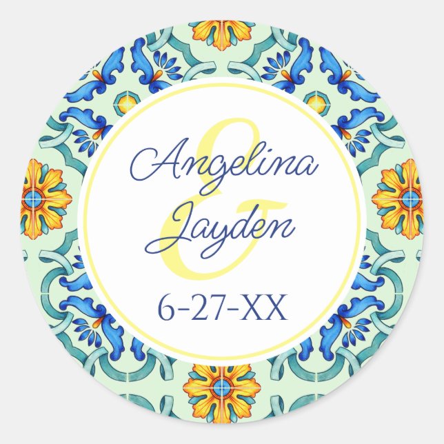 Pegatina Redonda Boda de verano amarillo y azul de mosaico mediterr (Anverso)